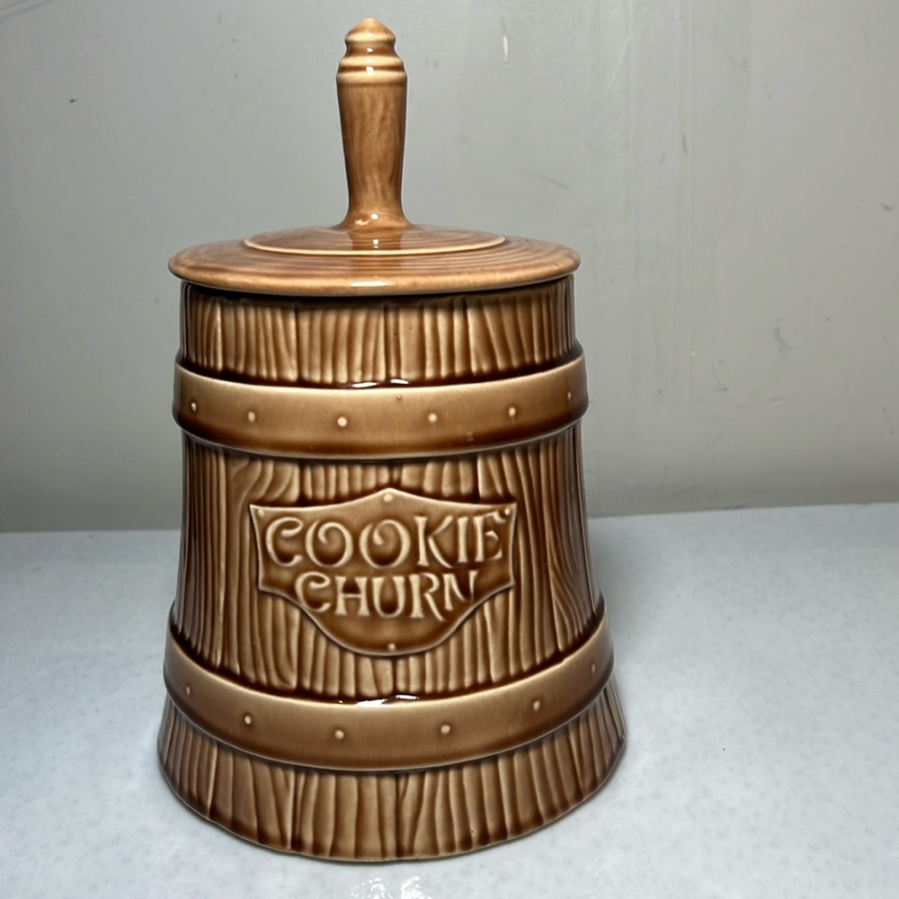 Vintage 70's Cookie Churn Glazed Ceramic Cookie Jar Rare Find